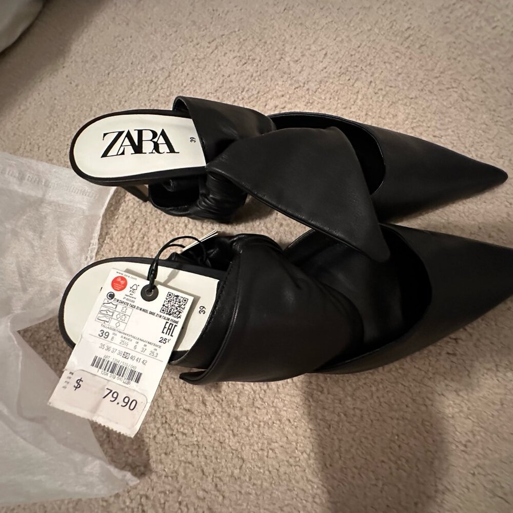 Zara Pointed Toe Leather Bow Mules – Black – Size 8